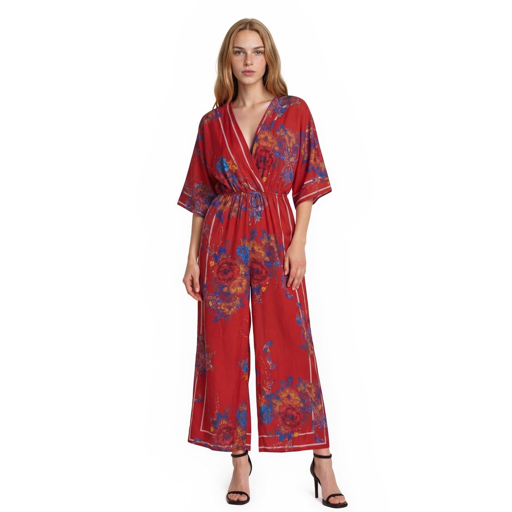 Flying Tomato Jumpsuit Women's Size Medium Red Floral Wide Leg Kimono Sleeve
